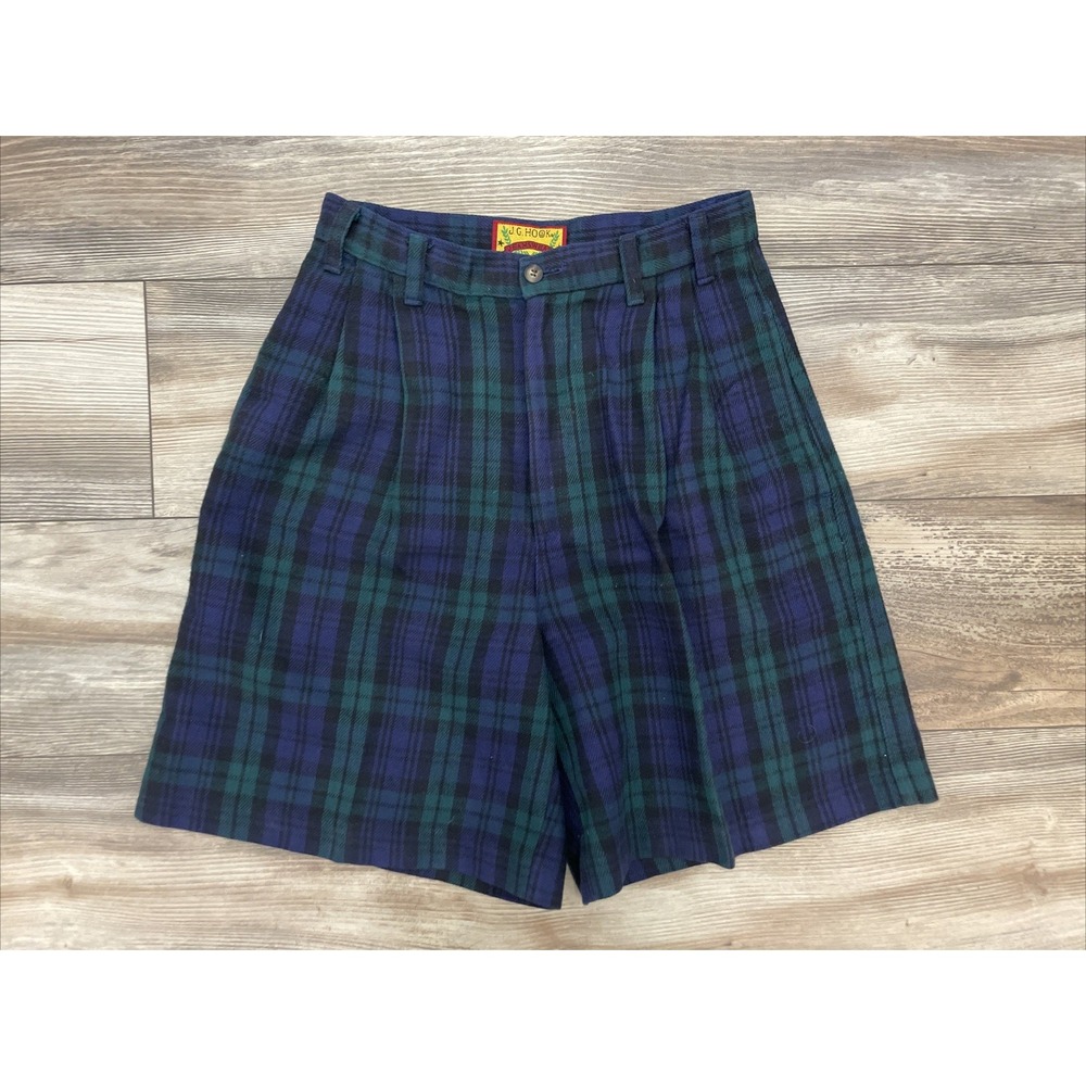 J.G. Hook Jeanswear Womens Green Blue Plaid Pleated Shorts Size 6 Made in USA